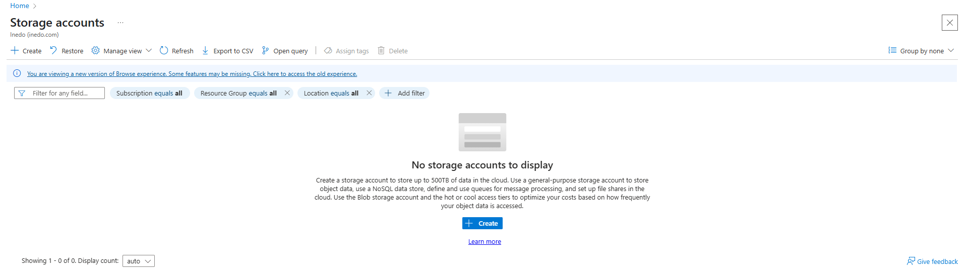 Storage Accounts Page