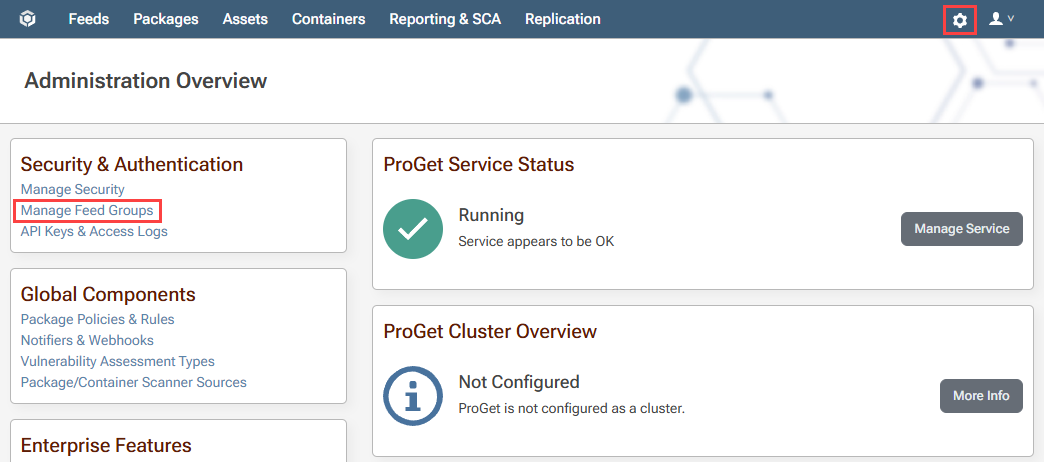 ProGet settings page pointing out Users and Tasks 