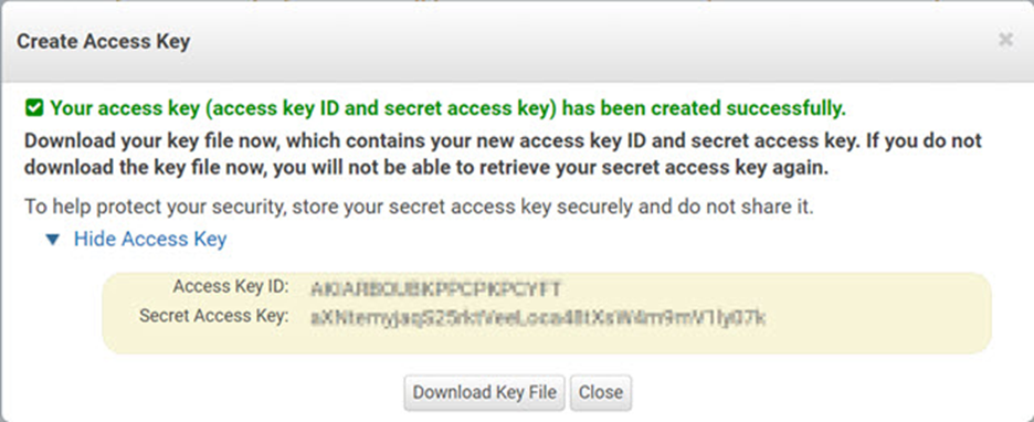 The AWS access keys window displaying a blurred access key and secret access key.