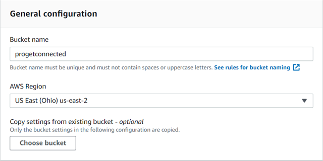 The AWS S3 page to configure the S3 options, displaying bucket name and bucket region.
